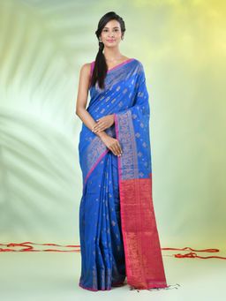 CHARUKRITI - Blue Cotton Woven Zari Borders Saree with Unstitched Blouse