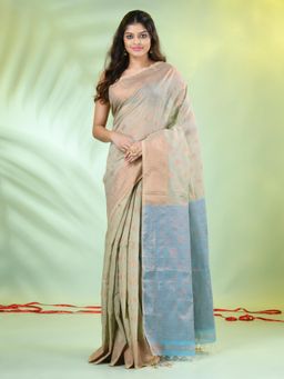 CHARUKRITI - Ecru Beige Cotton Woven Zari Borders Saree with Unstitched Blouse