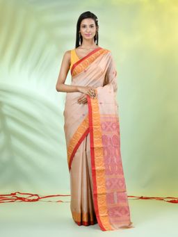 CHARUKRITI - Beige Tussar Silk Woven Saree with Unstitched Blouse