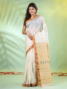 CHARUKRITI - Off White and Beige Woven Tussar Silk Saree with Unstitched Blouse