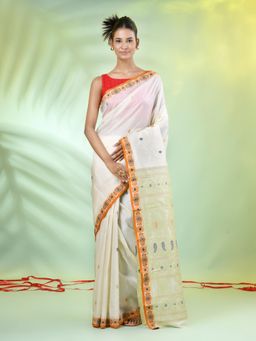 CHARUKRITI - Off White and Green Woven Tussar Silk Saree with Unstitched Blouse