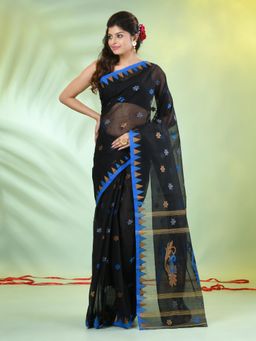 CHARUKRITI - Black Cotton Floral Woven Temple Border Saree Without Blouse