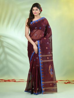 CHARUKRITI - Maroon Cotton Floral Woven Temple Border Saree Without Blouse