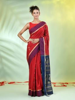 CHARUKRITI - Red Cotton Blend Woven Tassels Saree with Unstitched Blouse