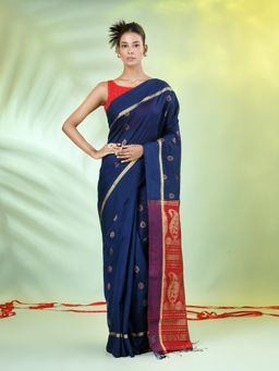 CHARUKRITI - Navy Blue Cotton Blend Woven Tassels Saree with Unstitched Blouse