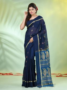 CHARUKRITI - Dark Navy Blue Cotton Blend Woven Tassels Saree with Unstitched Blouse