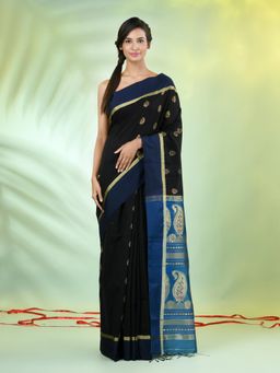 CHARUKRITI - Black Cotton Blend Woven Tassels Saree with Unstitched Blouse