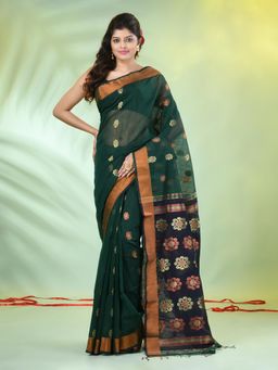 CHARUKRITI - Dark Green Ethnic Motifs Floral Woven Saree with Unstitched Blouse