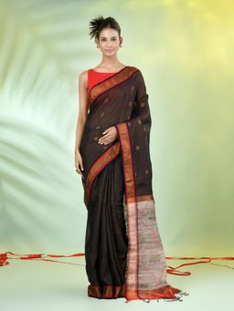 CHARUKRITI - Black Stripes Woven Jute Weaving Pallu Saree with Unstitched Blouse