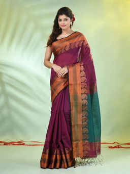 CHARUKRITI - Wine Cotton Blend Zari Border Saree with Unstitched Blouse
