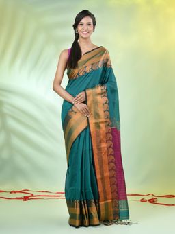 CHARUKRITI - Teal Cotton Blend Zari Border Saree with Unstitched Blouse