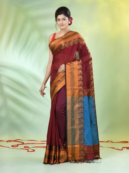 CHARUKRITI - Maroon Cotton Blend Zari Border Saree with Unstitched Blouse
