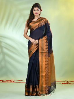 CHARUKRITI - Navy Blue Cotton Blend Zari Border Saree with Unstitched Blouse
