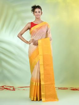 CHARUKRITI - Yellow and Beige Cotton Checks Handwoven Saree with Unstitched Blouse