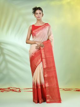 CHARUKRITI - Red and Beige Cotton Checks Handwoven Saree with Unstitched Blouse