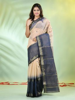 CHARUKRITI - Navy Blue and Beige Cotton Checks Handwoven Saree with Unstitched Blouse