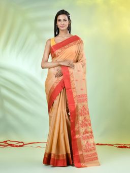 CHARUKRITI - Red and Beige Tussar Silk Floral Woven Saree with Unstitched Blouse