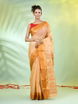 CHARUKRITI - Brown and Beige Tussar Silk Floral Woven Saree with Unstitched Blouse