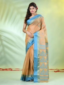 CHARUKRITI - Blue and Beige Tussar Silk Floral Woven Saree with Unstitched Blouse