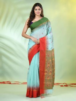 CHARUKRITI - Sea Green Cotton Blend Woven Ikat Saree with Unstitched Blouse