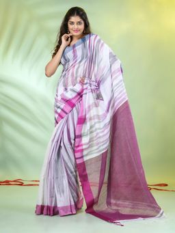 CHARUKRITI - Wine Cotton Blend Woven Contrasted Border Saree with Unstitched Blouse