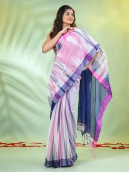 CHARUKRITI - Blue Cotton Blend Woven Contrasted Border Saree with Unstitched Blouse