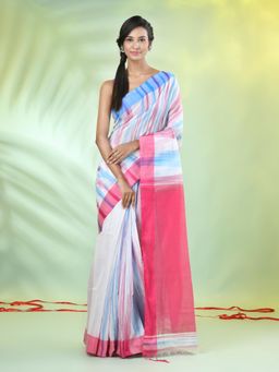 CHARUKRITI - Pink Cotton Blend Woven Contrasted Border Saree with Unstitched Blouse