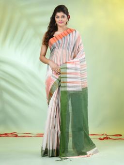 CHARUKRITI - Green Cotton Blend Woven Contrasted Border Saree with Unstitched Blouse