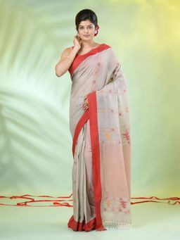 CHARUKRITI - Beige Cotton Soft Woven Tassels Saree with Unstitched Blouse