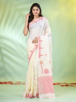 CHARUKRITI - Red and Cream Cotton Floral Handwoven Saree with Unstitched Blouse
