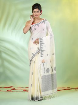 CHARUKRITI - Grey and Off White Cotton Floral Handwoven Saree with Unstitched Blouse