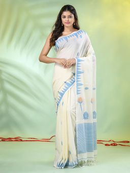 CHARUKRITI - Blue and Off White Cotton Floral Handwoven Saree with Unstitched Blouse