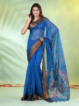 CHARUKRITI - Cobalt Blue Cotton Blend Zari Border Saree with Unstitched Blouse