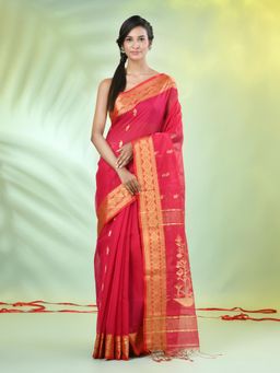 CHARUKRITI - Red Cotton Blend Zari Border Saree with Unstitched Blouse