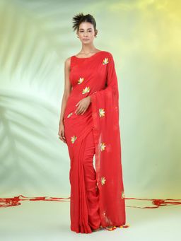 CHARUKRITI - Red Thread Embroidery Cotton Handspun Saree with Unstitched Blouse