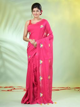 CHARUKRITI - Pink Thread Embroidery Cotton Handspun Saree with Unstitched Blouse