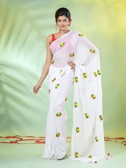 CHARUKRITI - White Thread Embroidery Cotton Handspun Saree with Unstitched Blouse