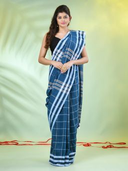 CHARUKRITI - Sapphire Blue Cotton Checkbox Woven Design Saree with Unstitched Blouse