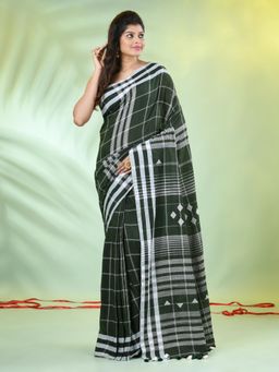 CHARUKRITI - Moss Green Cotton Checkbox Woven Design Saree with Unstitched Blouse