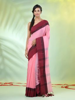 CHARUKRITI - Pink Solid Cotton Contrasted Woven Borders Saree with Unstitched Blouse
