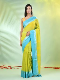 CHARUKRITI - Lime Green Solid Cotton Contrasted Woven Borders Saree with Unstitched Blouse
