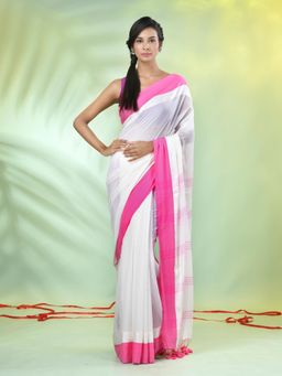 CHARUKRITI - White Solid Cotton Contrasted Woven Borders Saree with Unstitched Blouse