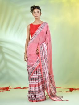 CHARUKRITI - Peach Cotton Soft Woven Nakshi Borders Saree with Unstitched Blouse