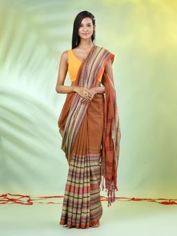 CHARUKRITI - Brown Cotton Soft Woven Nakshi Borders Saree with Unstitched Blouse