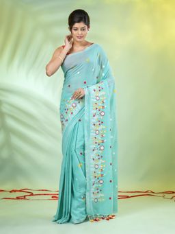 CHARUKRITI - Sea Green Floral Embroidery Cotton Saree with Unstitched Blouse