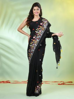 CHARUKRITI - Black Floral Embroidery Cotton Saree with Unstitched Blouse