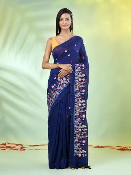 CHARUKRITI - Navy Blue Floral Embroidery Cotton Saree with Unstitched Blouse