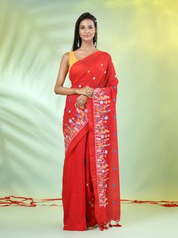 CHARUKRITI - Red Floral Embroidery Cotton Saree with Unstitched Blouse
