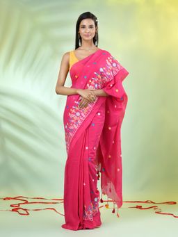 CHARUKRITI - Pink Floral Embroidery Cotton Saree with Unstitched Blouse