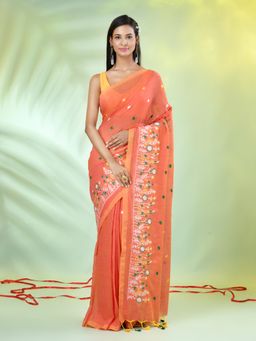 CHARUKRITI - Orange Floral Embroidery Cotton Saree with Unstitched Blouse
